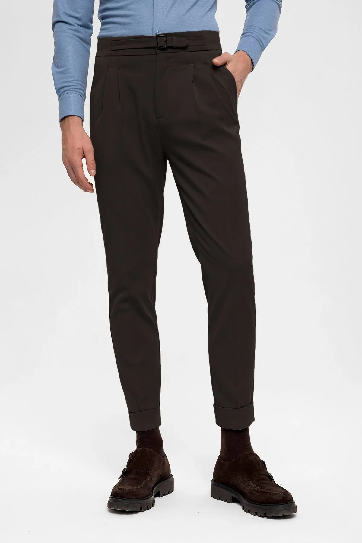 Men's Brown High Waist Buckle Detailed Trousers - Wessi sold by Wessi product image thumbnail 3