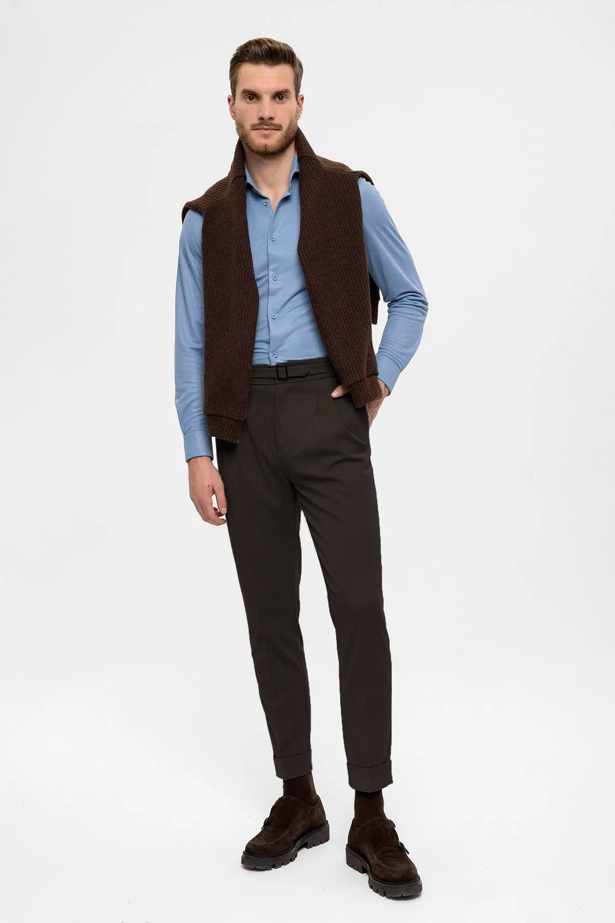 Men's Brown High Waist Buckle Detailed Trousers - Wessi sold by Wessi