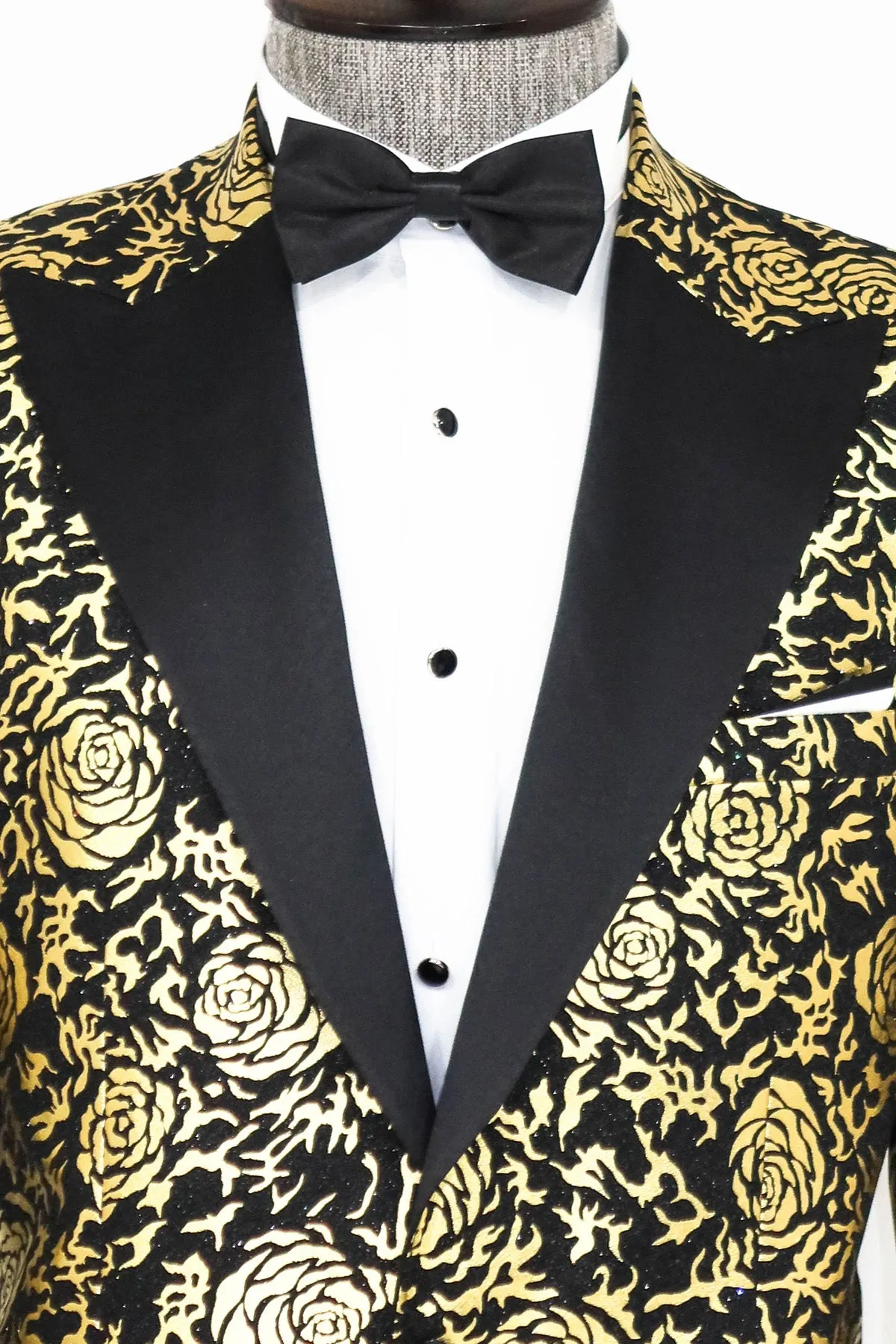 Gold Rose Patterned Slim Fit Black Men Singer Tuxedo Blazer - Wessi sold by Wessi product image thumbnail 2
