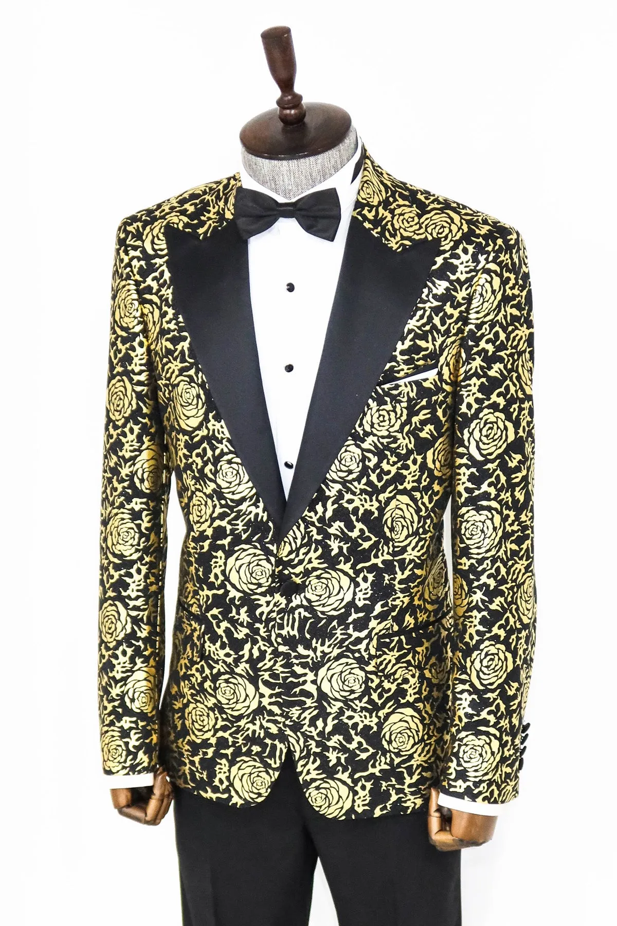 Gold Rose Patterned Slim Fit Black Men Singer Tuxedo Blazer - Wessi sold by Wessi product image thumbnail 5