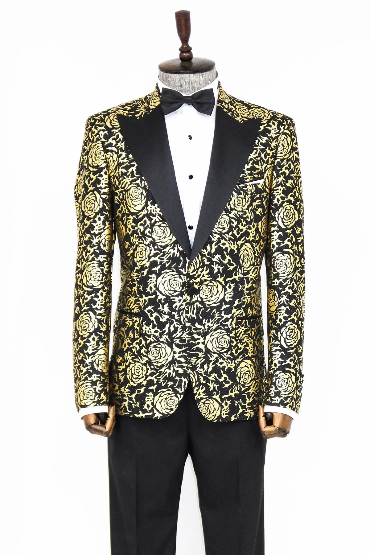 Gold Rose Patterned Slim Fit Black Men Singer Tuxedo Blazer - Wessi sold by Wessi product image thumbnail 3