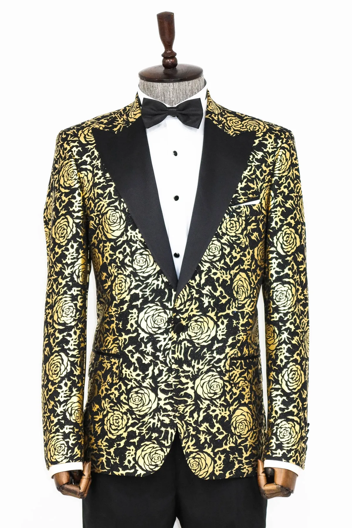 Gold Rose Patterned Slim Fit Black Men Singer Tuxedo Blazer - Wessi sold by Wessi