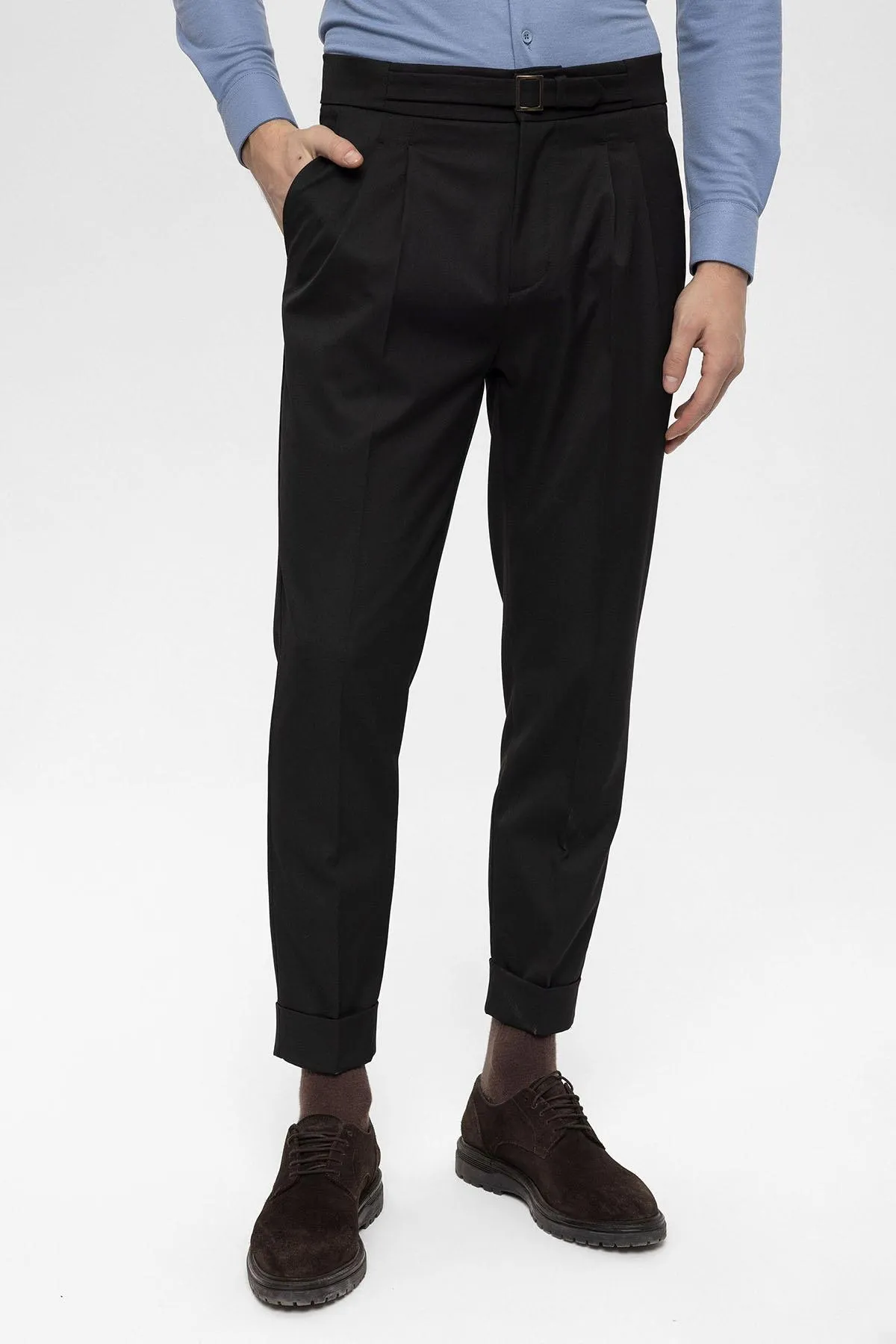Black High Waist Buckle Detailed Men's Trousers - Wessi sold by Wessi product image thumbnail 3
