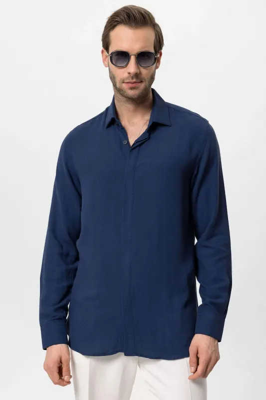 Men's Navy Blue Hidden Button Linen Blend Shirt - Wessi sold by Wessi