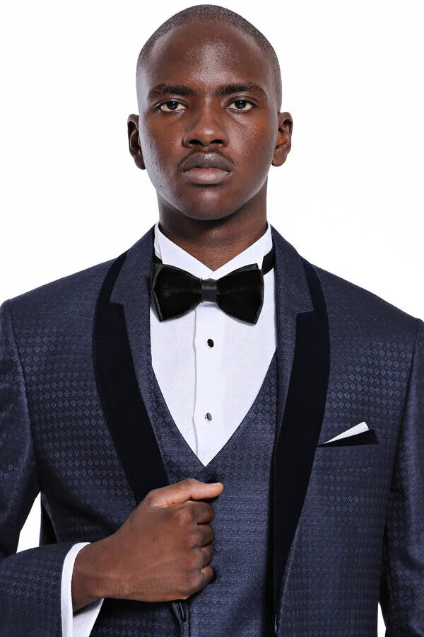 Patterned Velvet Lapel Navy Blue Men Tuxedo - Wessi sold by Wessi product image thumbnail 3
