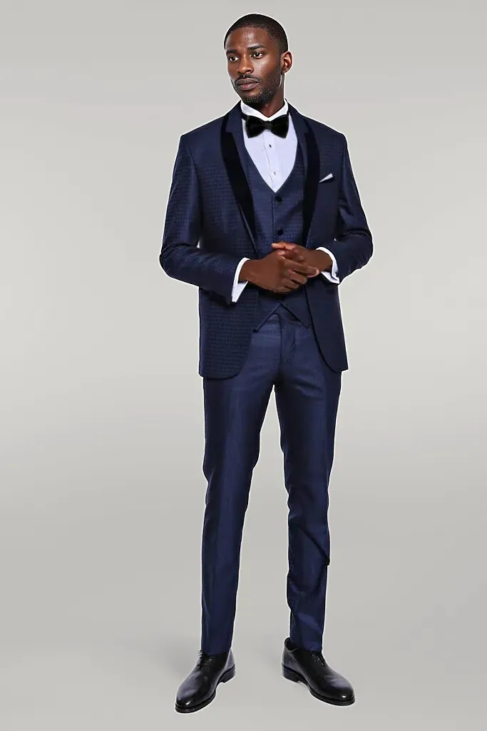 Patterned Velvet Lapel Navy Blue Men Tuxedo - Wessi sold by Wessi product image thumbnail 2