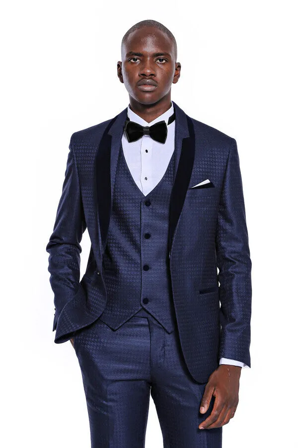 Patterned Velvet Lapel Navy Blue Men Tuxedo - Wessi sold by Wessi