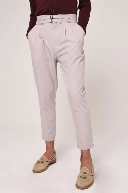 Men's Light Grey High Waist Buckle Belt Pleated Fabric Trousers - Wessi sold by Wessi