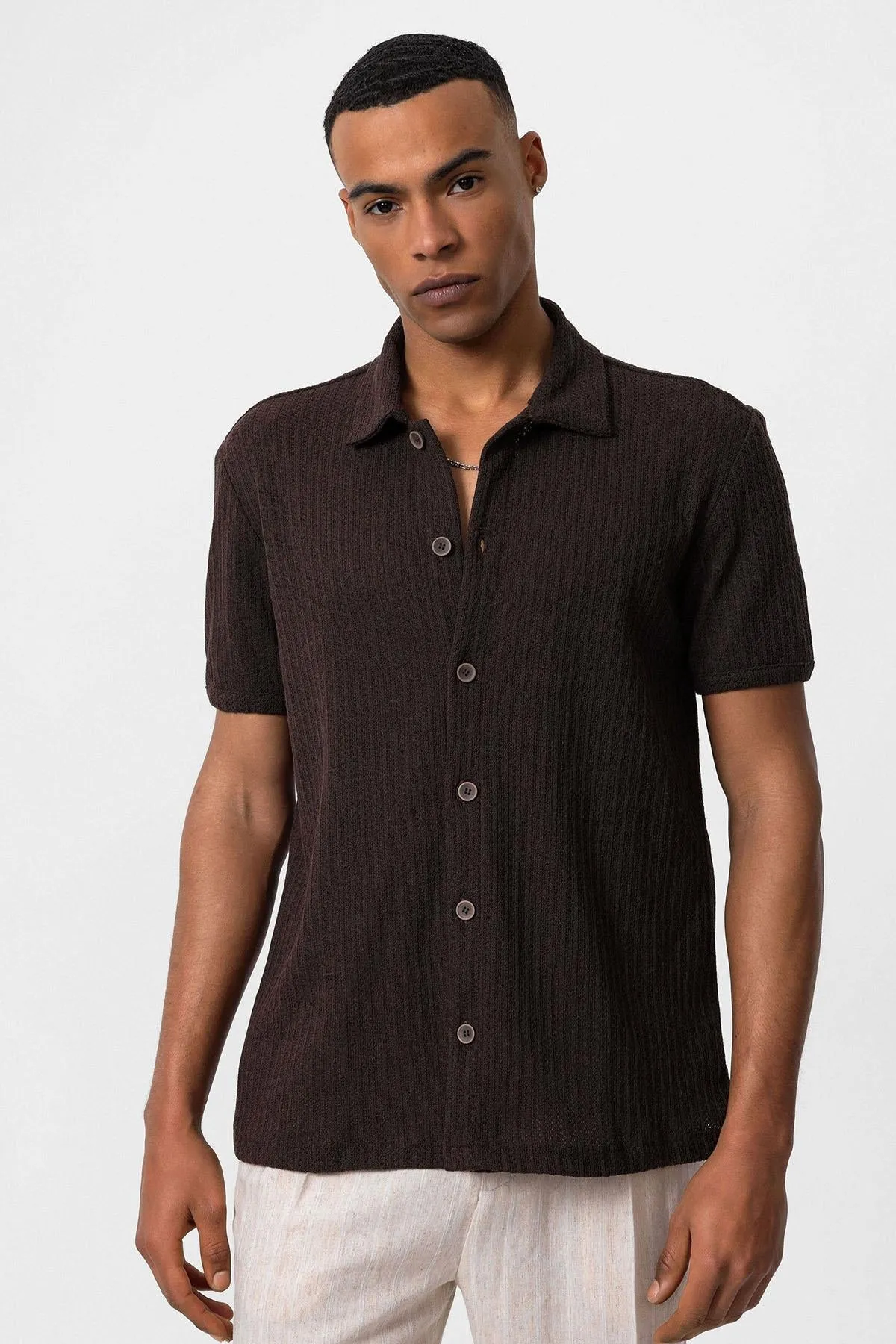 Men's Brown Polo Collar Knit Short-Sleeve Shirt - Wessi sold by Wessi product image thumbnail 4