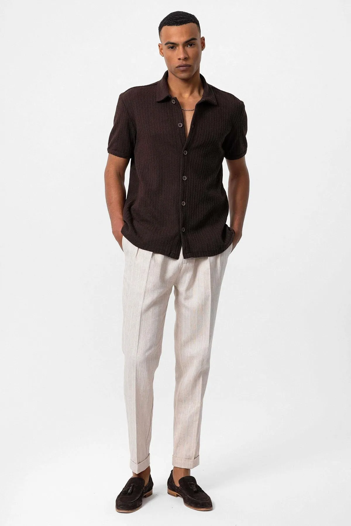 Men's Brown Polo Collar Knit Short-Sleeve Shirt - Wessi sold by Wessi product image thumbnail 3