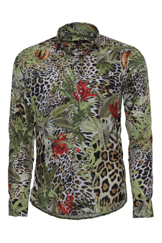 Tiger Patterned Slim Fit Long Sleeves Multicolor Men Shirt - Wessi sold by Wessi