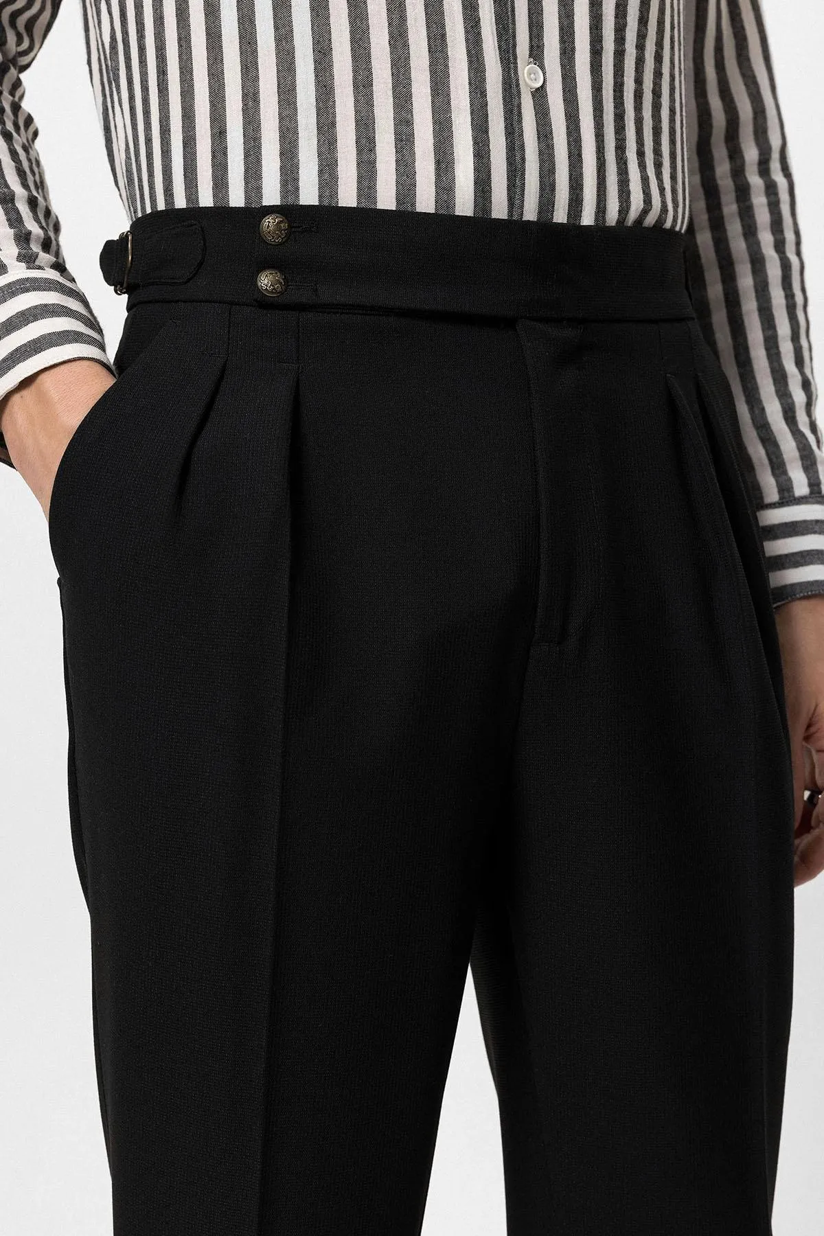 Men's Black High Waist Side Buckled Pleated Fabric Trousers - Wessi sold by Wessi product image thumbnail 5