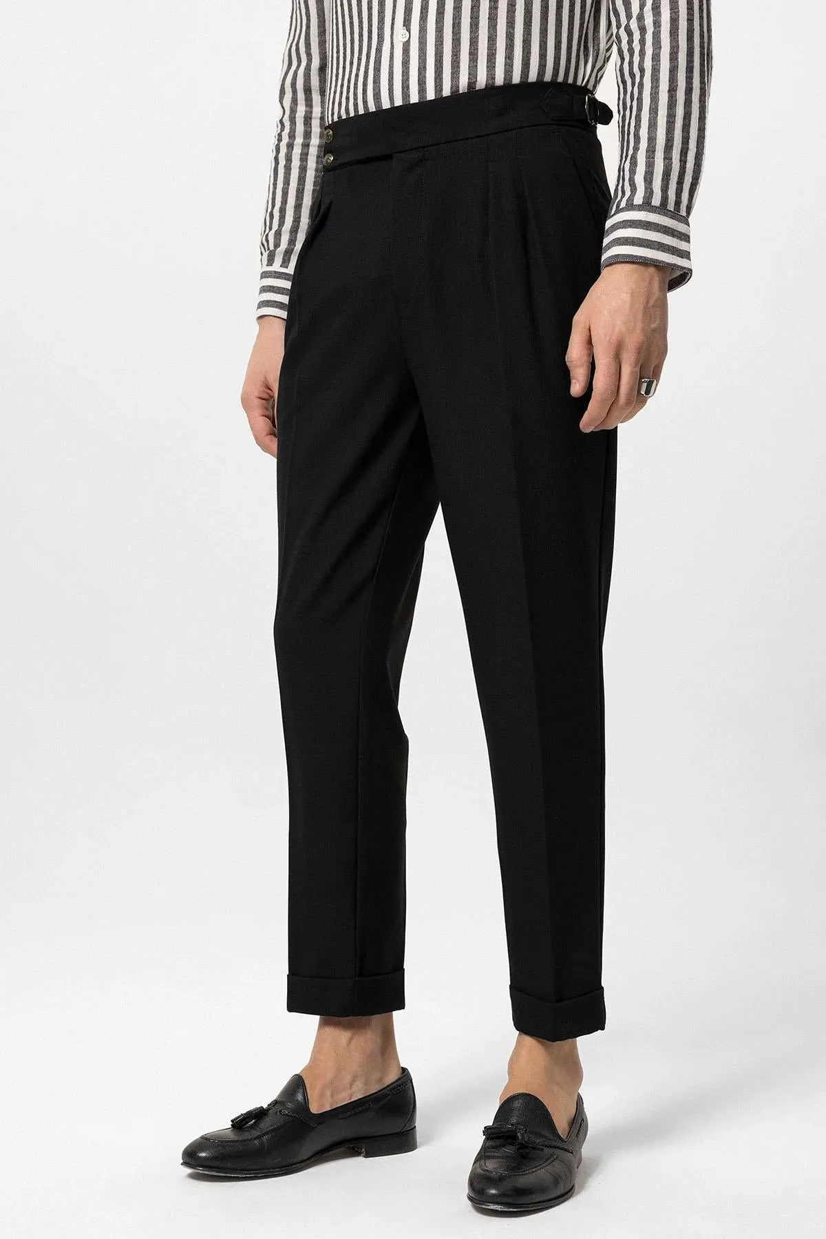 Men's Black High Waist Side Buckled Pleated Fabric Trousers - Wessi sold by Wessi product image thumbnail 2