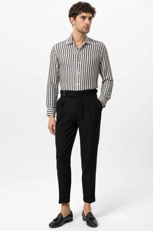 Men's Black High Waist Side Buckled Pleated Fabric Trousers - Wessi sold by Wessi