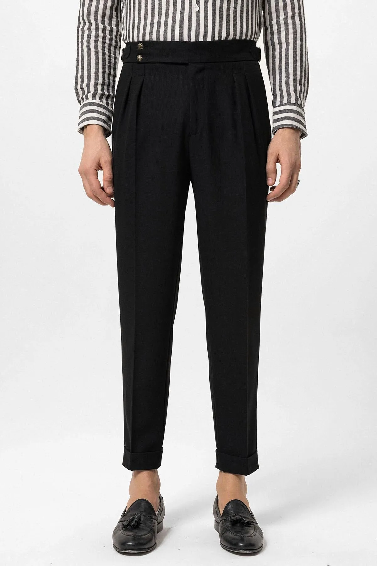 Men's Black High Waist Side Buckled Pleated Fabric Trousers - Wessi sold by Wessi product image thumbnail 4