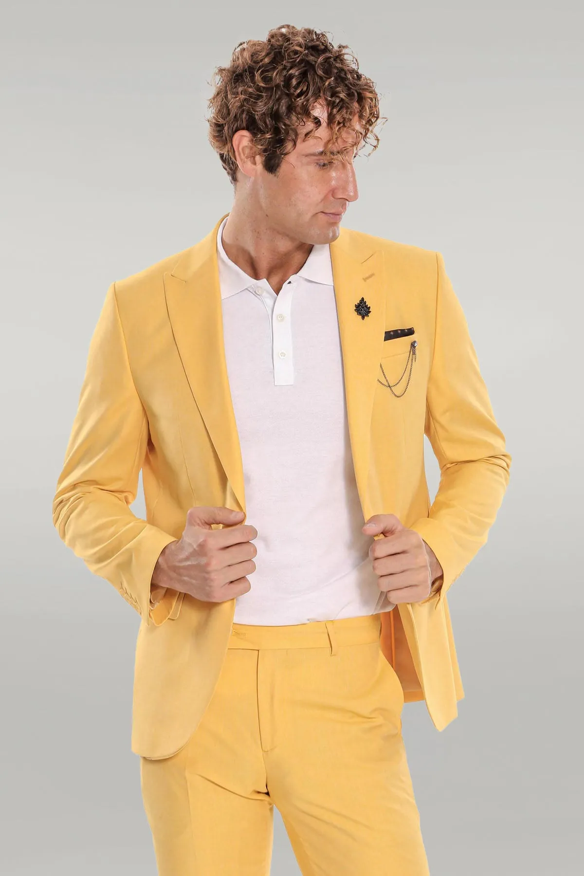 2 Piece Patterned Slim Fit Yellow Men Suit - Wessi sold by Wessi