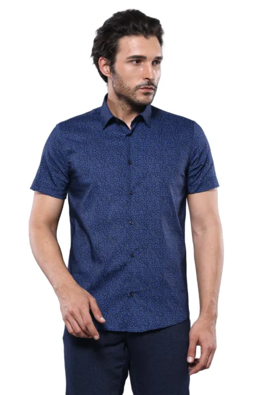 Patterned Short Sleeves Navy Blue Men Shirt - Wessi sold by Wessi