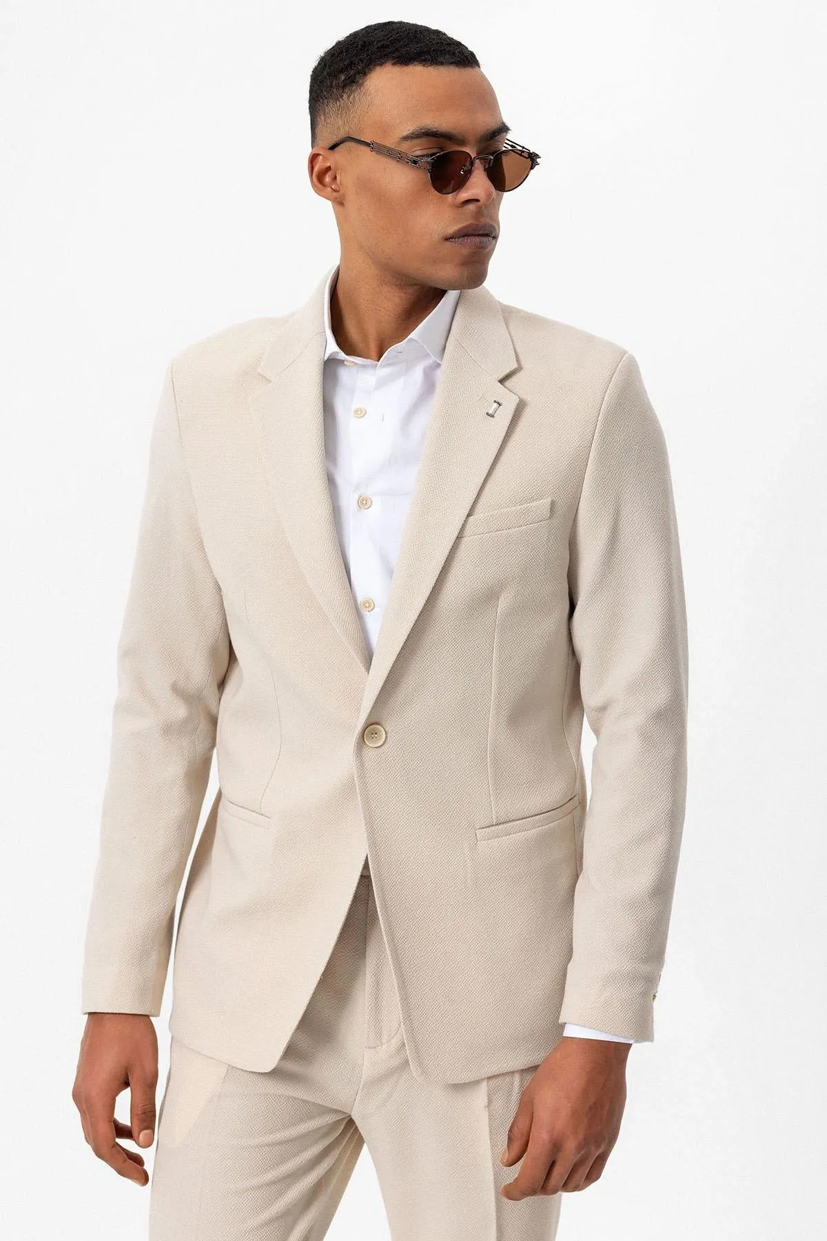 Men's Beige Plain Single-Button Blazer - Wessi sold by Wessi product image thumbnail 3