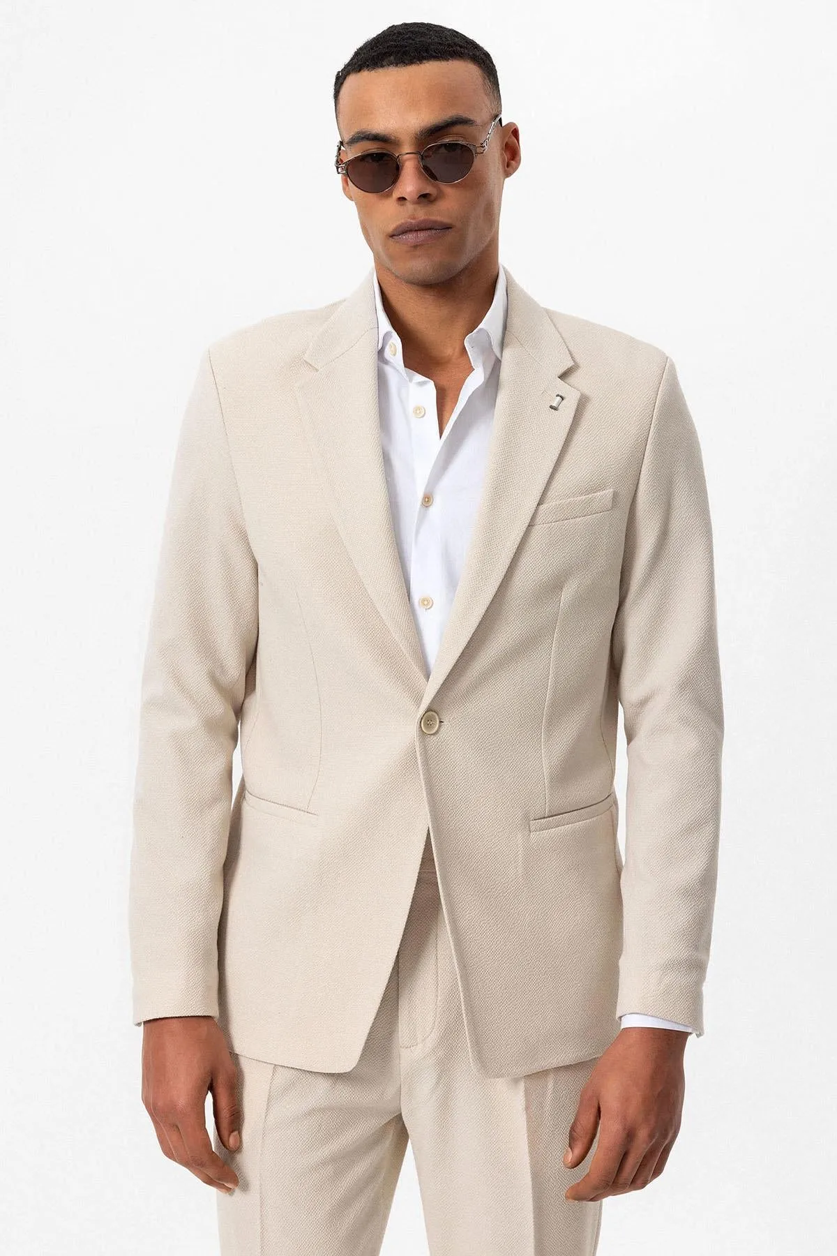 Men's Beige Plain Single-Button Blazer - Wessi sold by Wessi