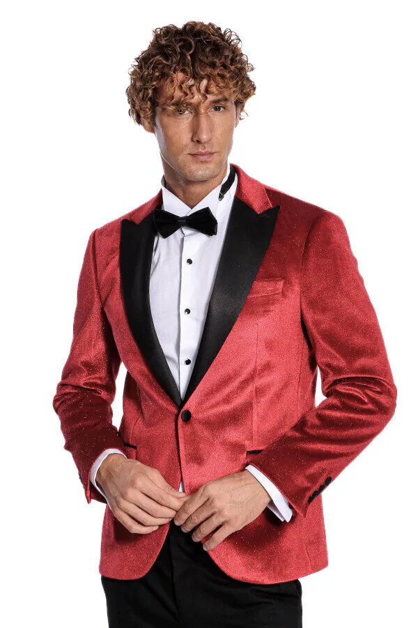 Sparkle Slim Fit Velvet Red Men Singer Tuxedo Blazer - Wessi sold by Wessi