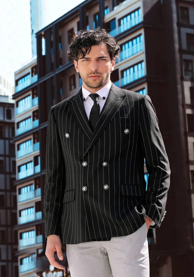 Double Breasted Slim Fit Striped Black Men Blazer - Wessi sold by Wessi product image thumbnail 3