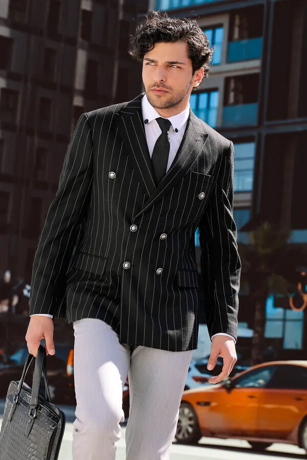 Double Breasted Slim Fit Striped Black Men Blazer - Wessi sold by Wessi product image thumbnail 2