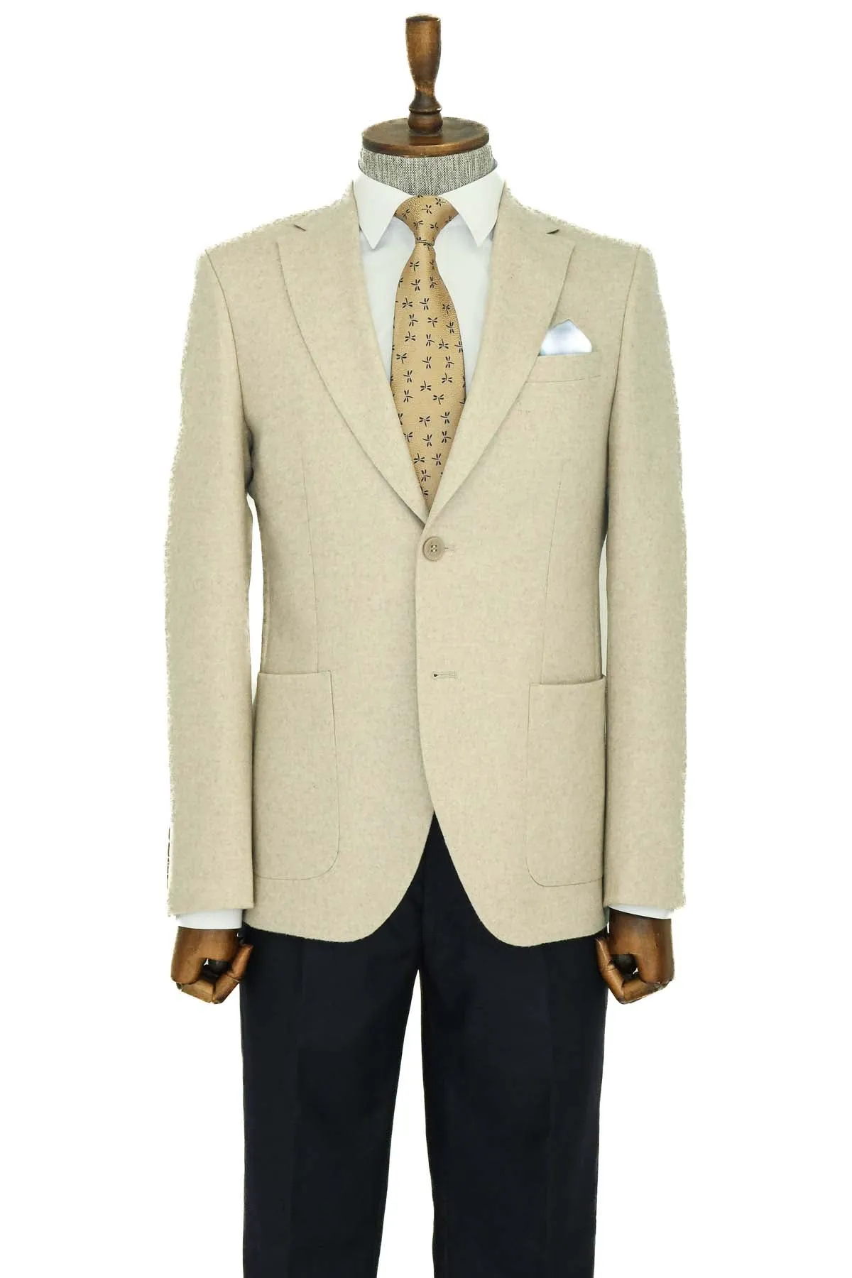 Slim Fit Plain Wide Lapel Cream Men Wool Blazer and Trousers Combination- Wessi sold by Wessi product image thumbnail 2