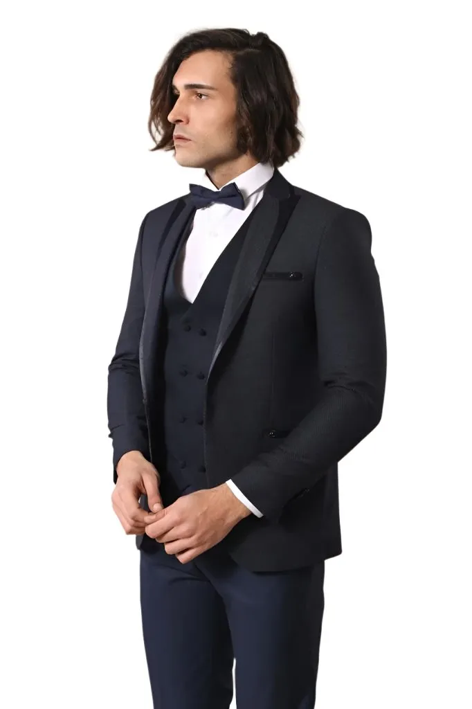 Dot Patterned Vested Dark Blue Wedding Suit | Wessi - Wessi sold by Wessi