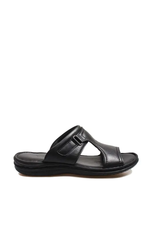 Men's Black Leather Slide Sandals with Cutout Design - Wessi sold by Wessi