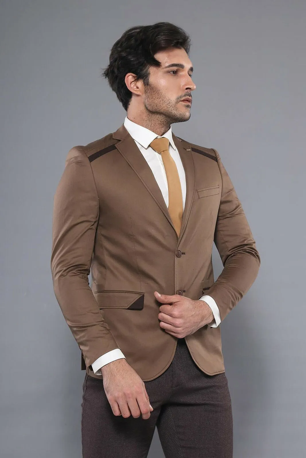 Double Buttons Mono Lapel Shoulder Piece Tan Jacket-Wessi sold by Wessi product image thumbnail 3