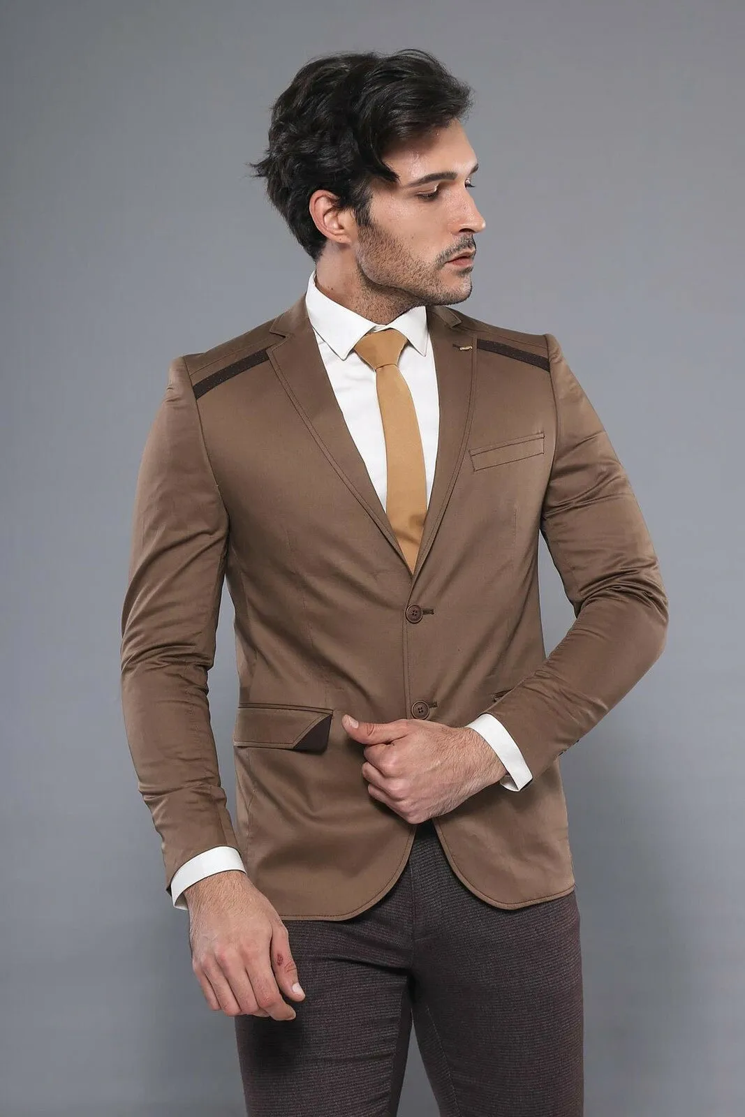 Double Buttons Mono Lapel Shoulder Piece Tan Jacket-Wessi sold by Wessi