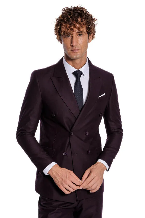 Double Breasted Plain Wide Lapel Purple Men Suit - Wessi sold by Wessi