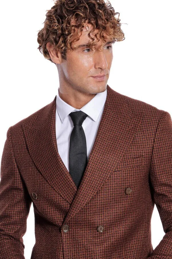 Houndstooth Patterned Brown Men Double Breasted Blazer - Wessi sold by Wessi product image thumbnail 2