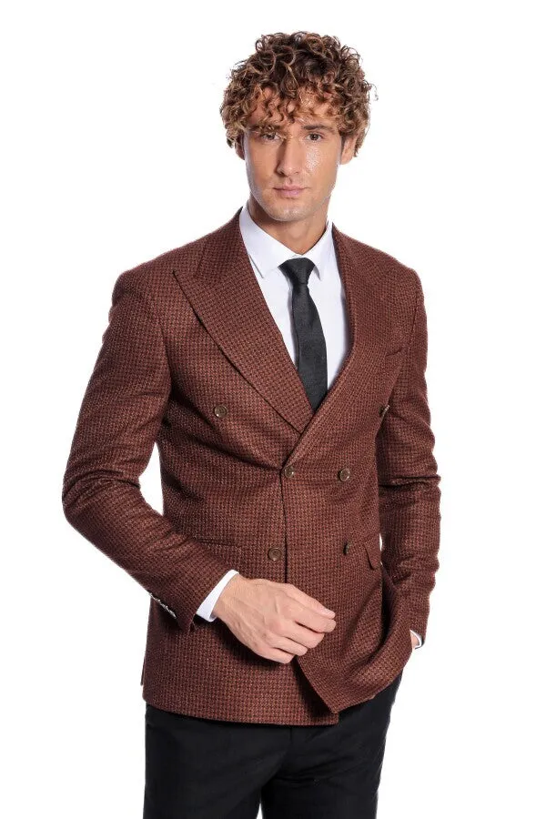 Houndstooth Patterned Brown Men Double Breasted Blazer - Wessi sold by Wessi product image thumbnail 5