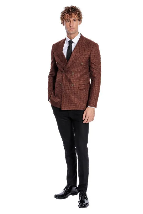 Houndstooth Patterned Brown Men Double Breasted Blazer - Wessi sold by Wessi product image thumbnail 3