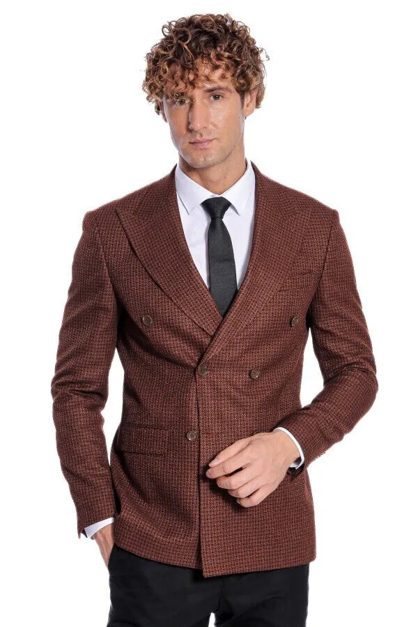 Houndstooth Patterned Brown Men Double Breasted Blazer - Wessi sold by Wessi