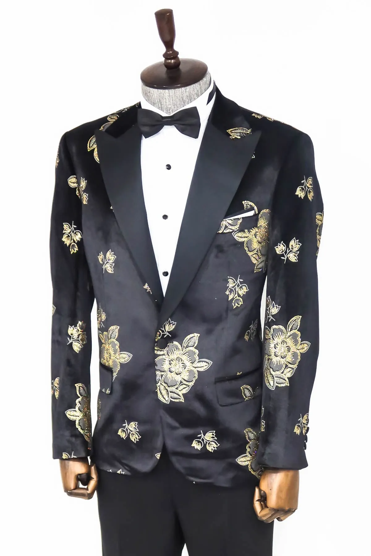 Gold Floral Patterned Shiny Black Men Party Tuxedo Blazer - Wessi sold by Wessi product image thumbnail 3