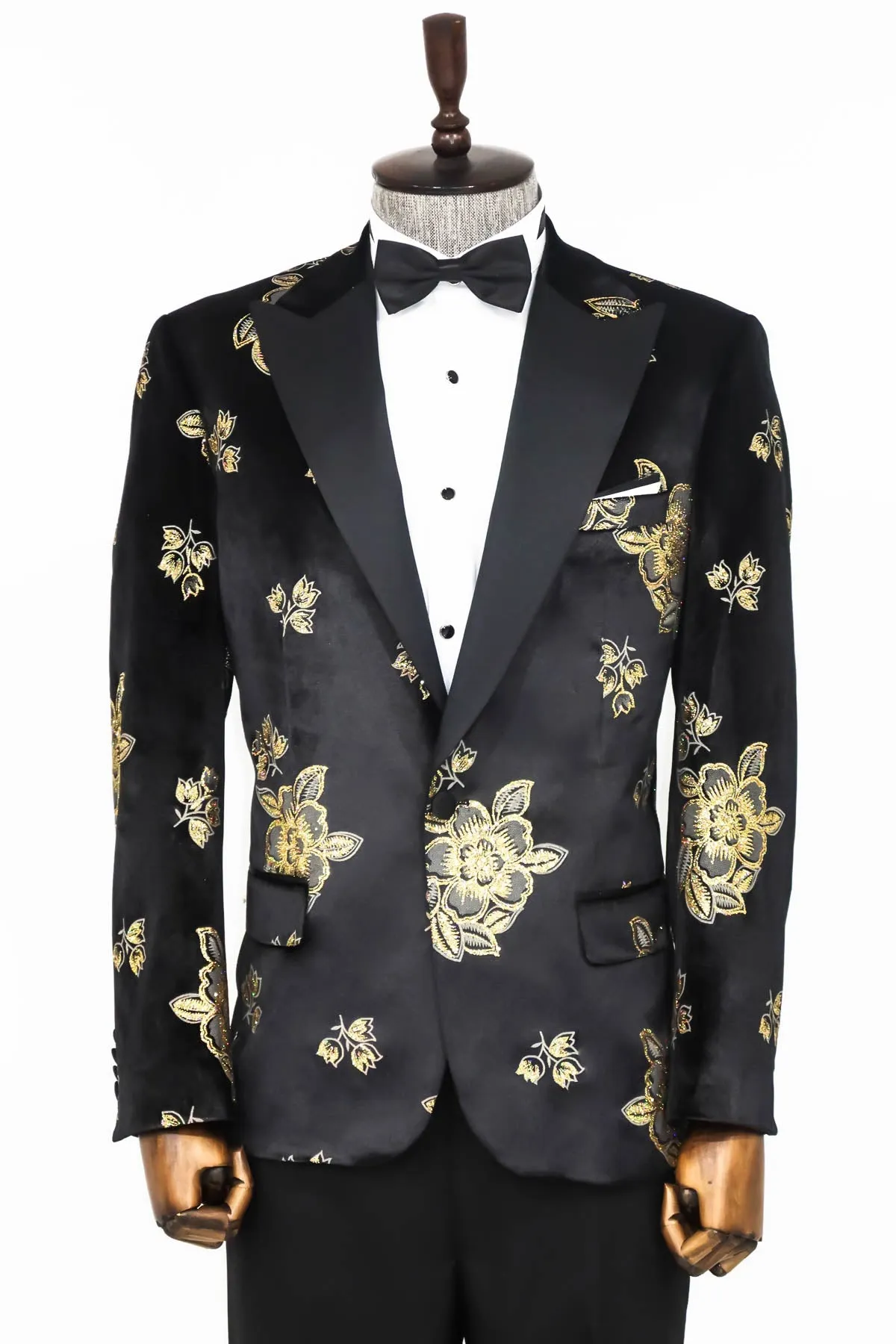 Gold Floral Patterned Shiny Black Men Party Tuxedo Blazer - Wessi sold by Wessi