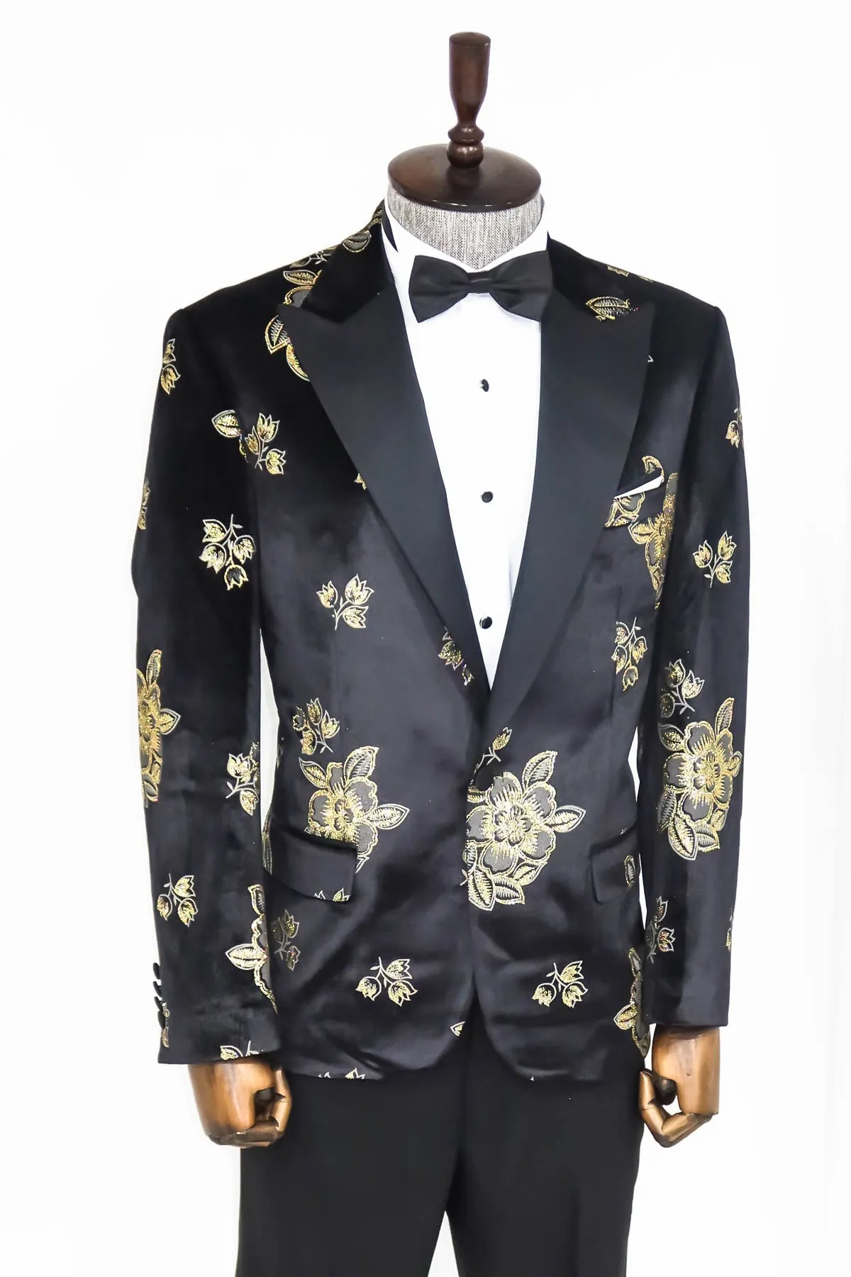 Gold Floral Patterned Shiny Black Men Party Tuxedo Blazer - Wessi sold by Wessi product image thumbnail 4
