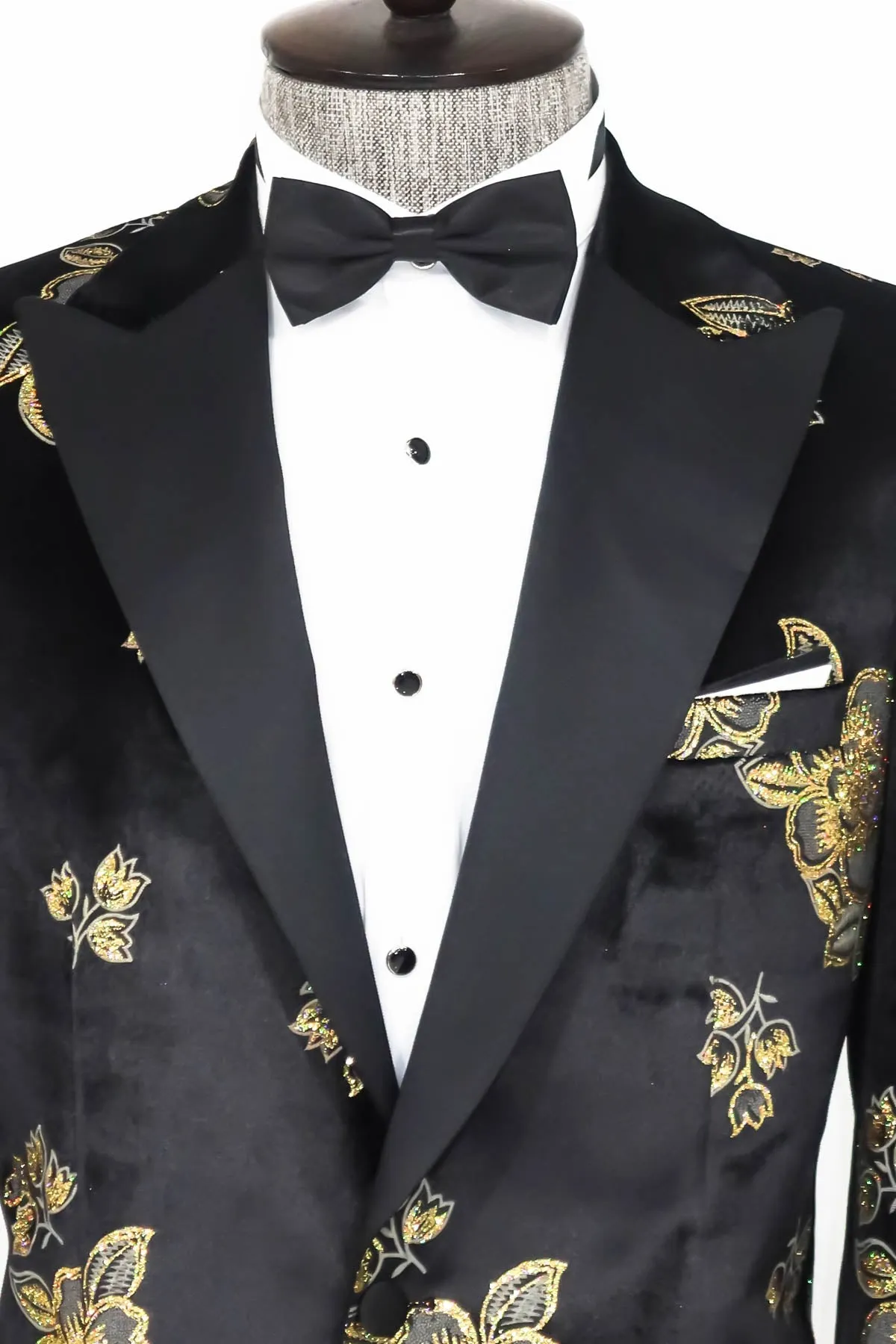 Gold Floral Patterned Shiny Black Men Party Tuxedo Blazer - Wessi sold by Wessi product image thumbnail 2