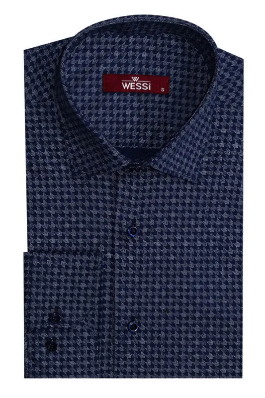 Houndstooth Pattern Slim Fit Navy Blue Men Shirt - Wessi made by Wessi