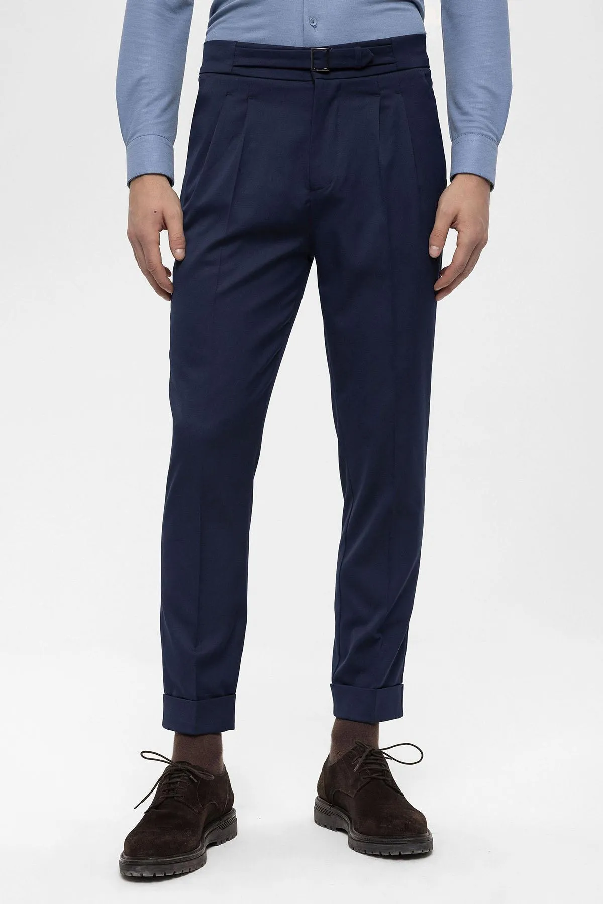 Navy Blue High Waist Buckle Detailed Men's Trousers - Wessi sold by Wessi product image thumbnail 3