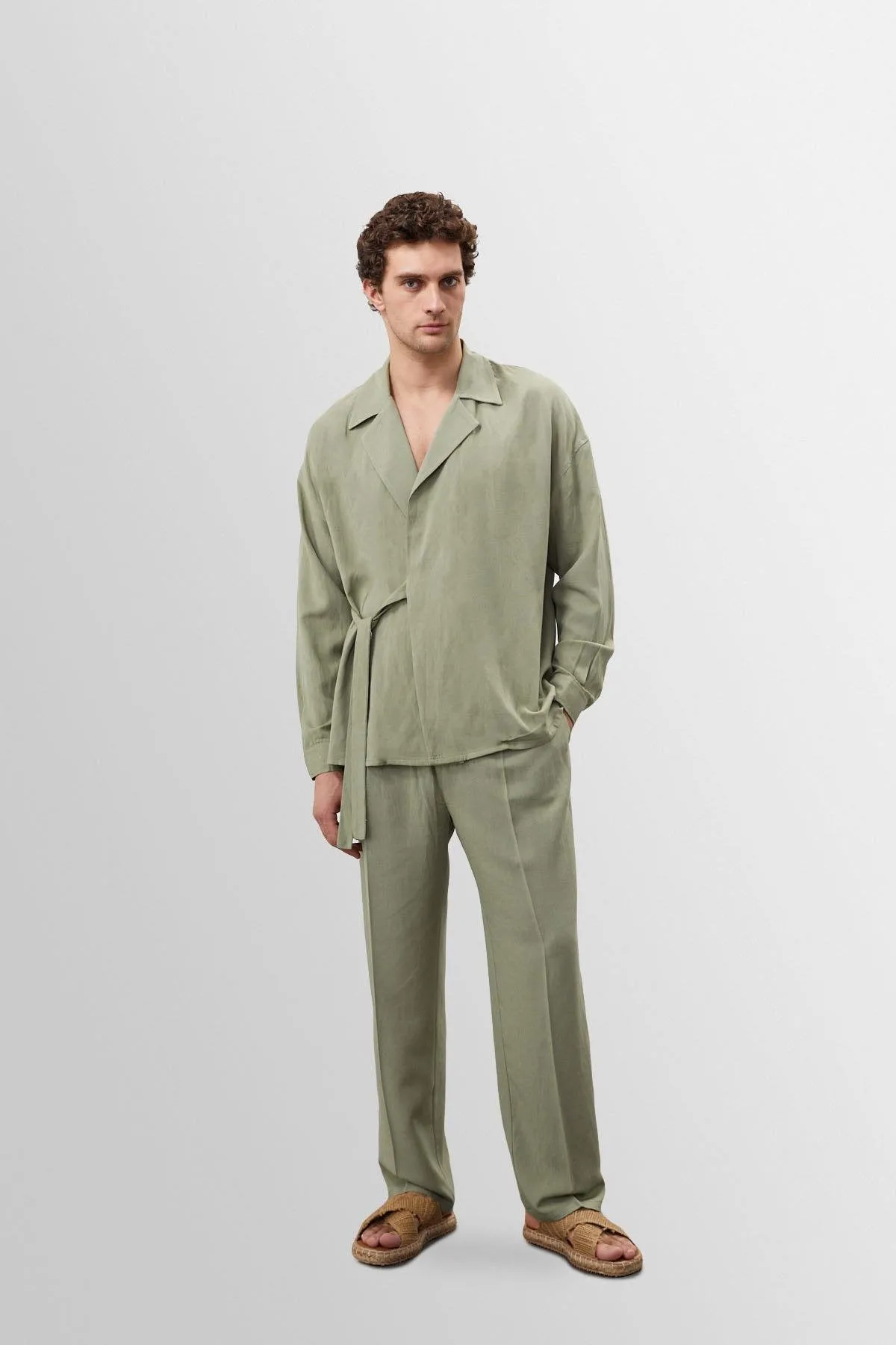 Light Khaki High Waist Pleated Linen Blend Men's Trousers - Wessi sold by Wessi product image thumbnail 2