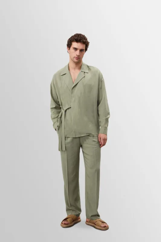 Light Khaki High Waist Pleated Linen Blend Men's Trousers - Wessi sold by Wessi