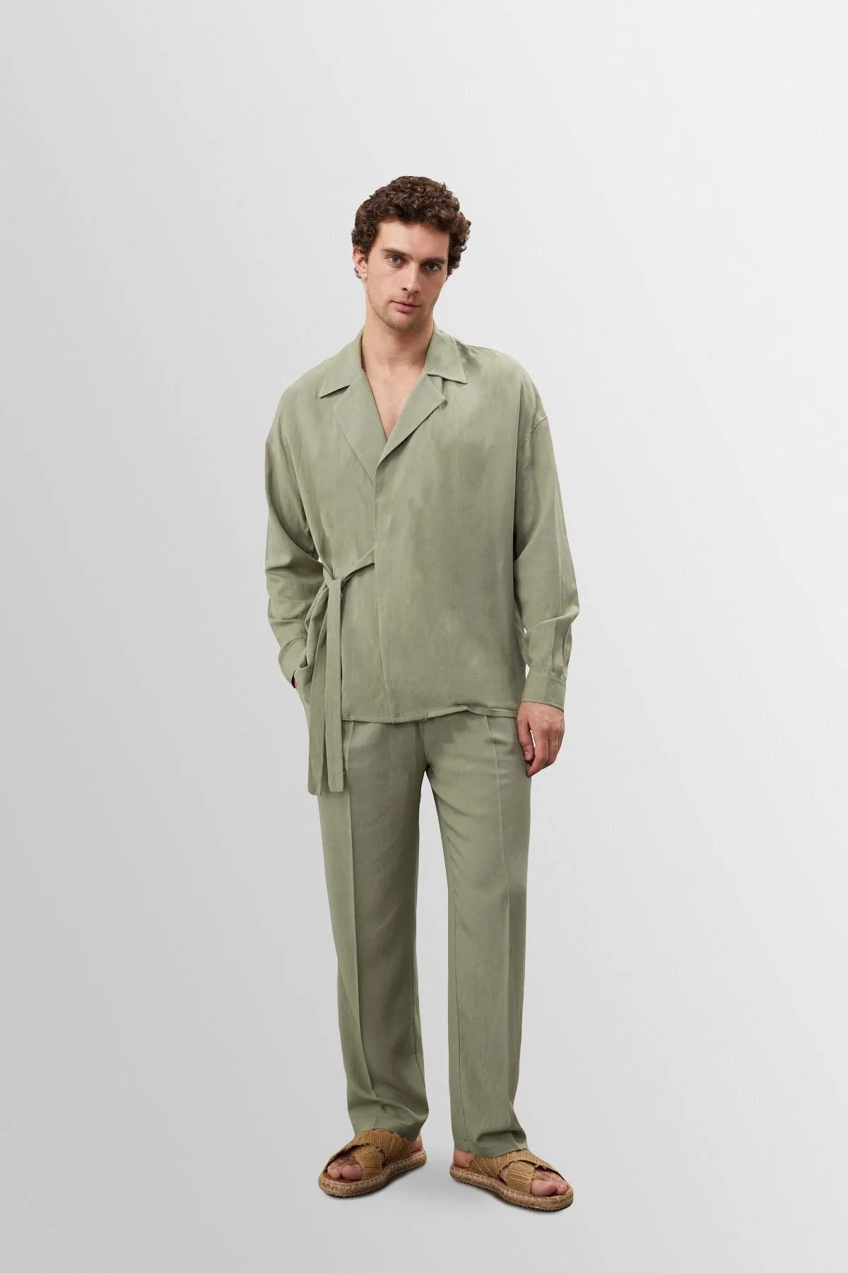 Light Khaki High Waist Pleated Linen Blend Men's Trousers - Wessi sold by Wessi