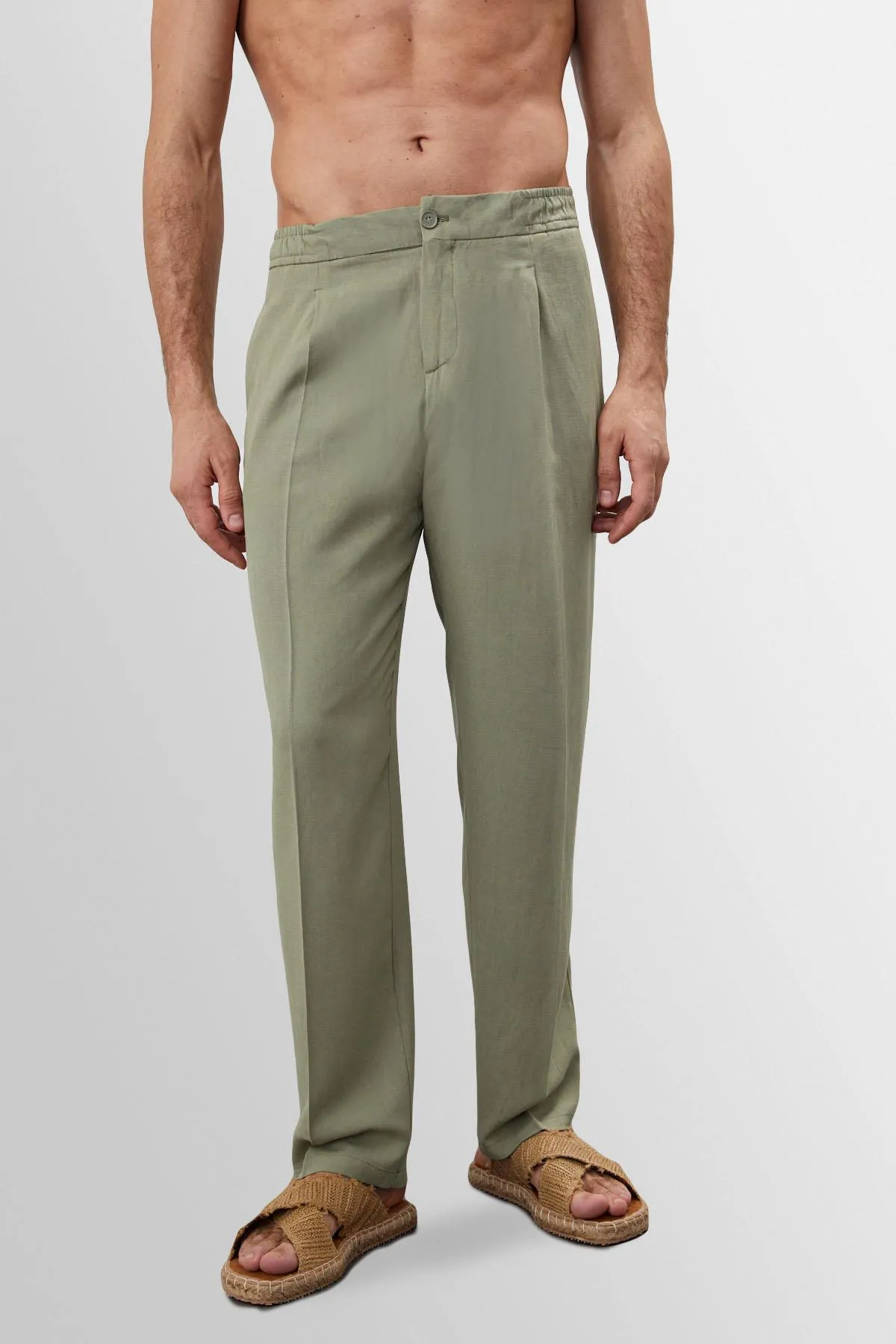 Light Khaki High Waist Pleated Linen Blend Men's Trousers - Wessi sold by Wessi product image thumbnail 4
