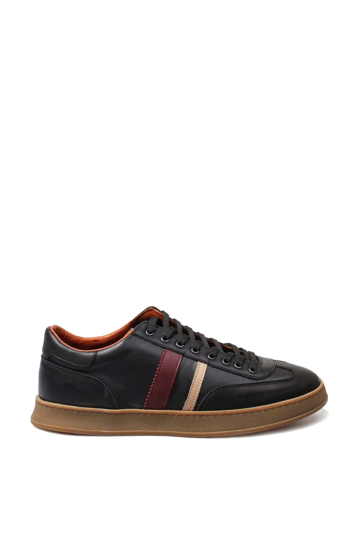 Men's Black Leather Sneakers with Color Stripe and Gum Sole - Wessi sold by Wessi