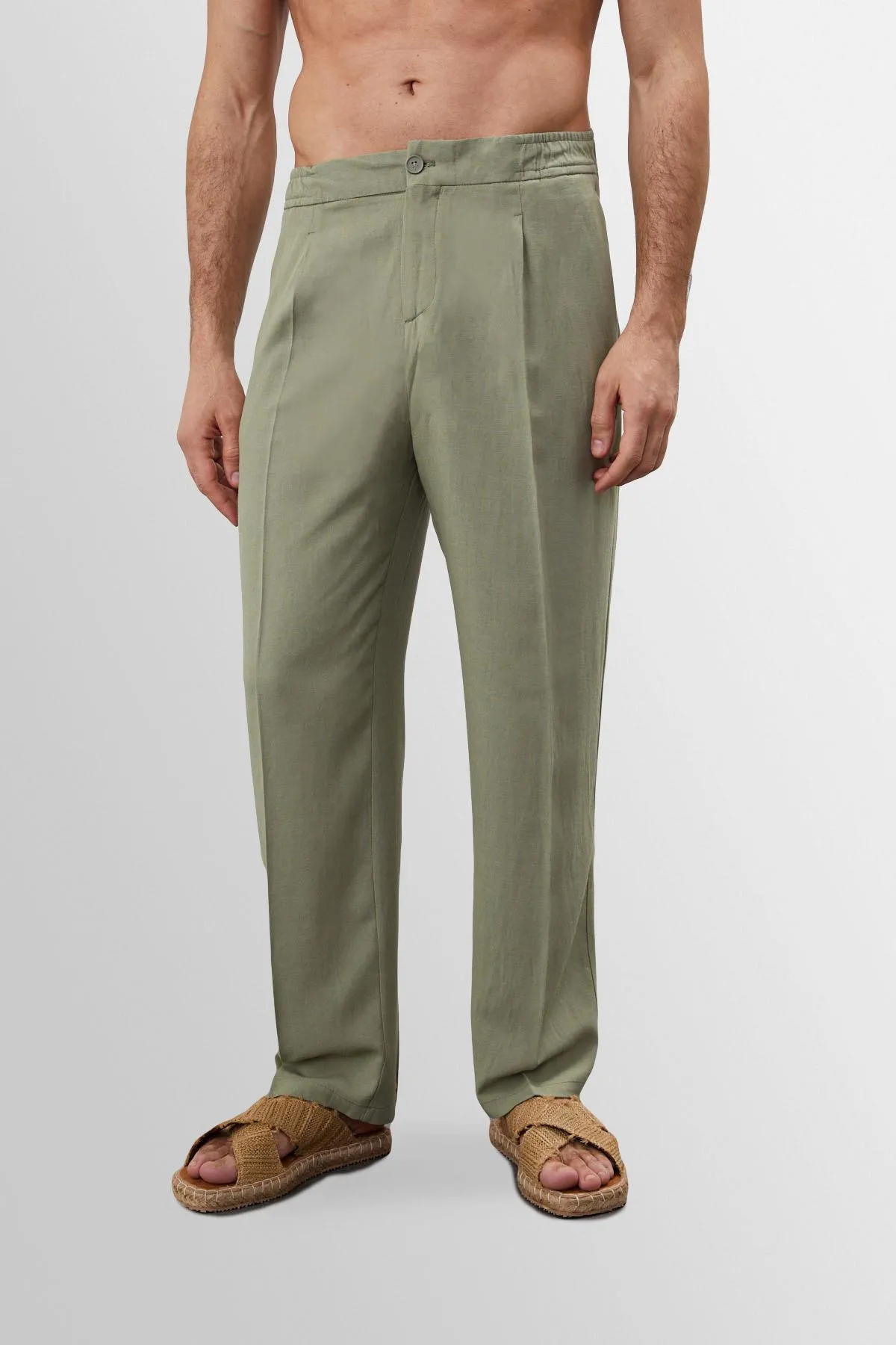 Light Khaki High Waist Pleated Linen Blend Men's Trousers - Wessi sold by Wessi product image thumbnail 3
