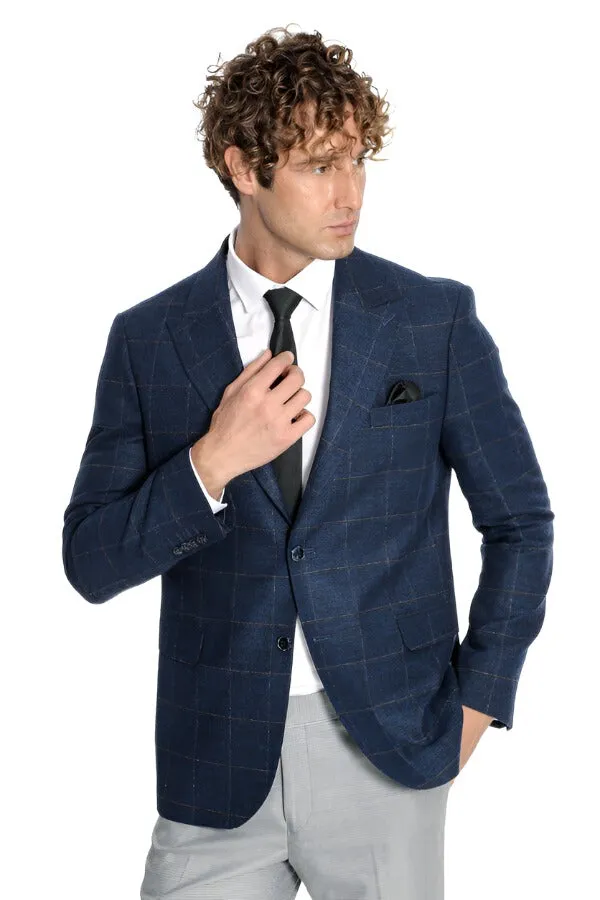 Plaid Wool Navy Blue Men Blazer - Wessi sold by Wessi