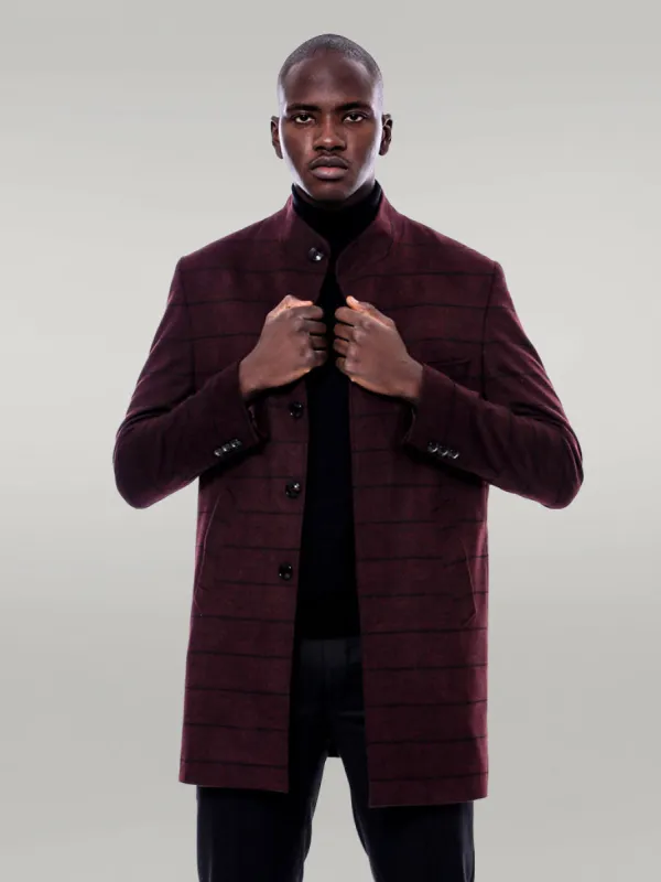Mandarin Collar Burgundy Checked Coat - Wessi sold by Wessi